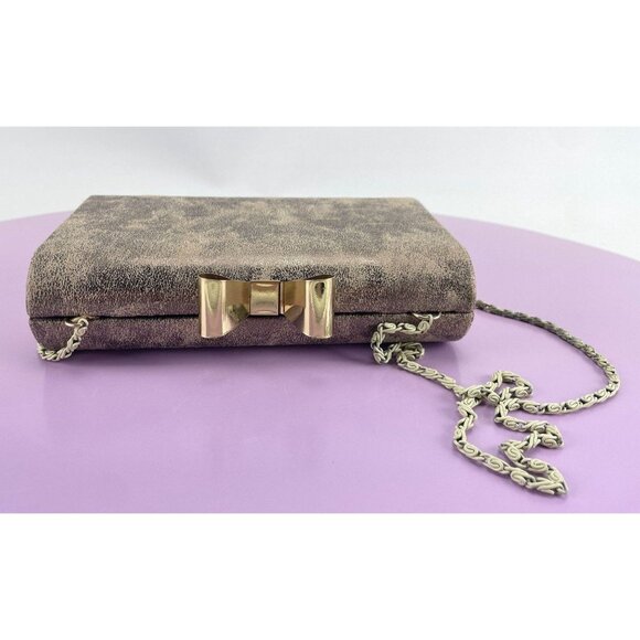 Vintage 80s hard shell clutch, gold tone purse, cross body, formal accessory - Picture 5 of 10